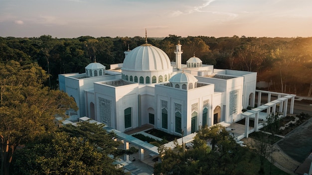 Moschea contemporanea Una fusione di tranquillità bianca e serenità verde in mezzo alla natura Canopy Sunset D