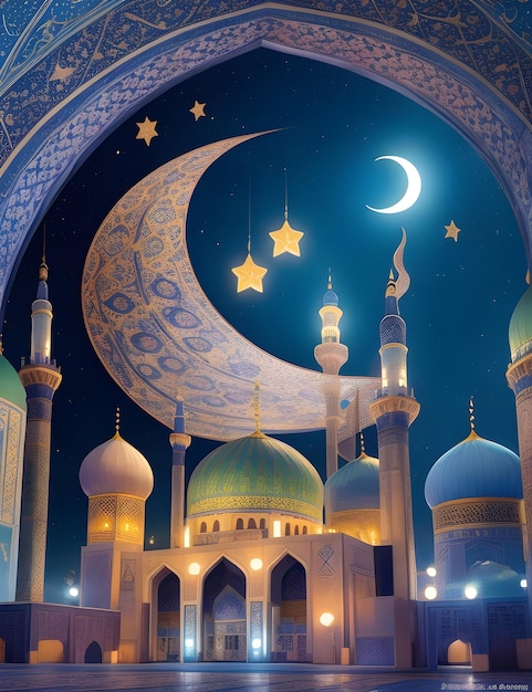 Moschea di arte islamica variopinta stelle lune crescenti