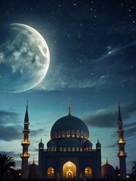 moschea di fronte alla notte cielo nuvoloso e stellato Ramadan il mese sacro dei musulmani