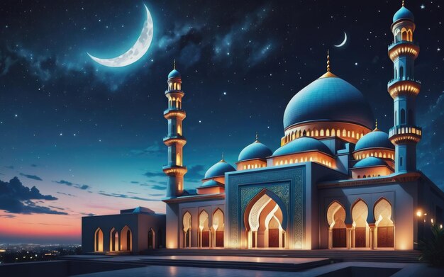 Moschea di notte banner per cartoline per le festività musulmane