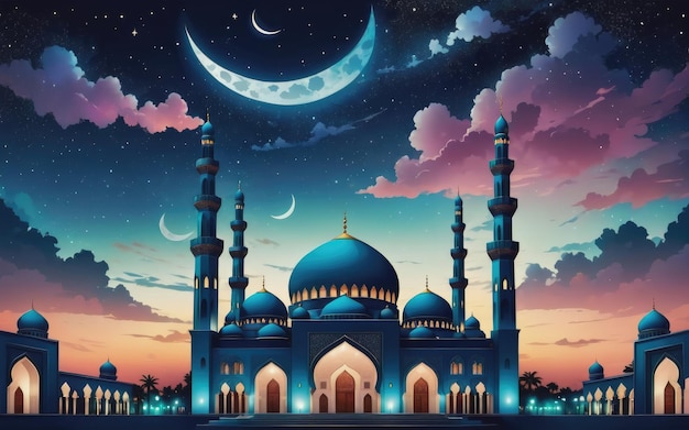 Moschea di notte banner per cartoline per le festività musulmane