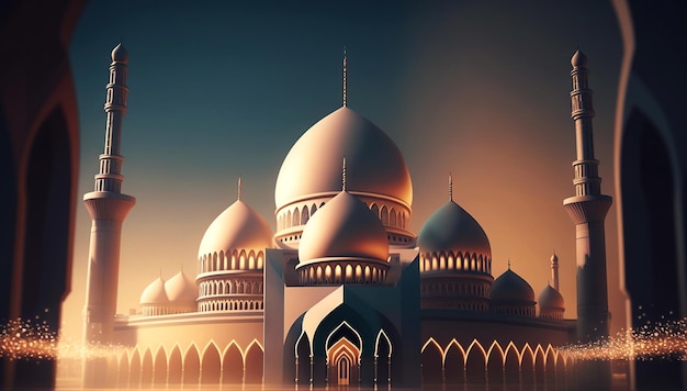 Moschea di notte con luci incandescenti Concetto di architettura orientale Ramadan Kareem IA generativa