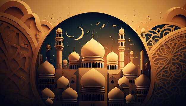 Moschea di notte con luci incandescenti e ornamenti Ramadan Kareem Generative AI