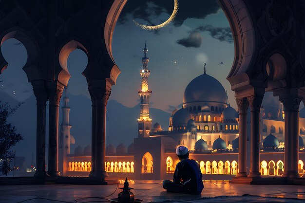 Moschea di notte con luna e stelle sfondo Ramadan Kareem