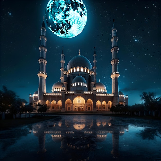 Moschea di notte con luna piena e riflesso nel rendering 3D dell'acqua