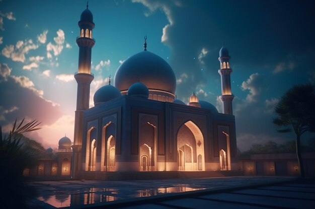 Moschea di notte speciale eid mubarak celebrazione islamica sfondo IA generativa