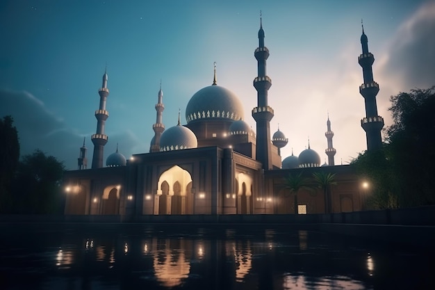 Moschea di notte speciale eid mubarak celebrazione islamica sfondo IA generativa