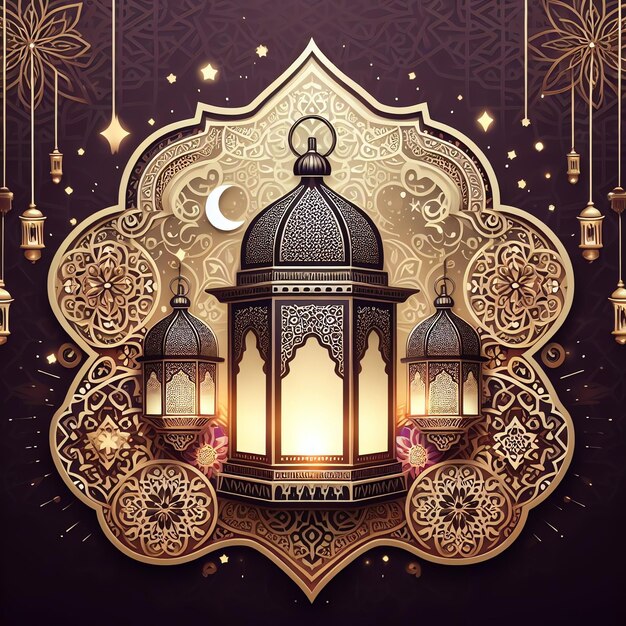 moschea di ramadan con lanterna e mezzaluna festa islamica Eid al Adha 3d rendering