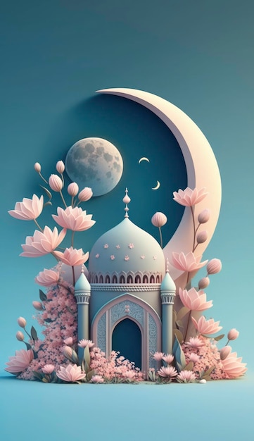 Moschea e luna su sfondo blu rendering 3d e illustrazione Genera Ai