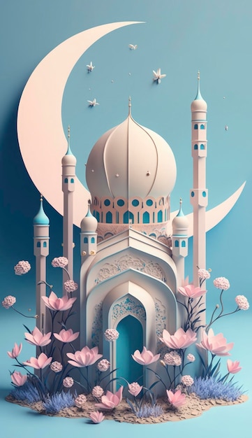 Moschea e luna su sfondo blu rendering 3d e illustrazione Genera Ai