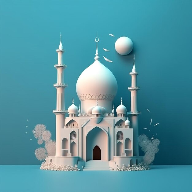 Moschea e Luna su sfondo blu Rendering e illustrazione 3D