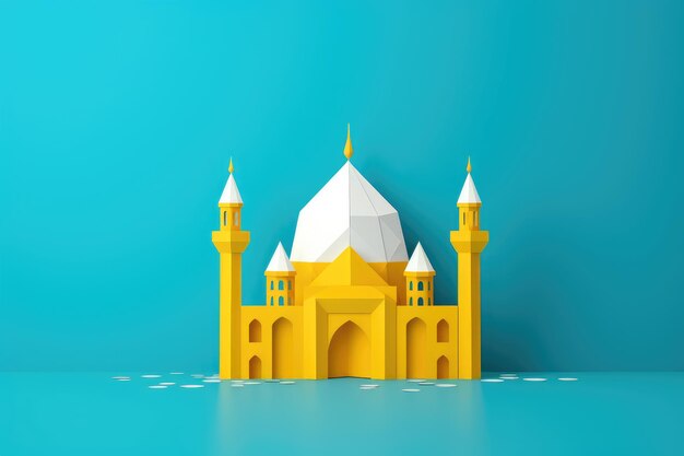 Moschea gialla Origami Stile tagliato in carta Eid Mubarak Ramadan Kareem concetto islamico