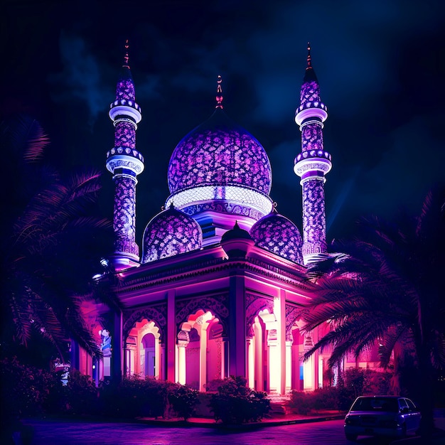 Moschea illuminata di notte a Kuala Lumpur, Malesia