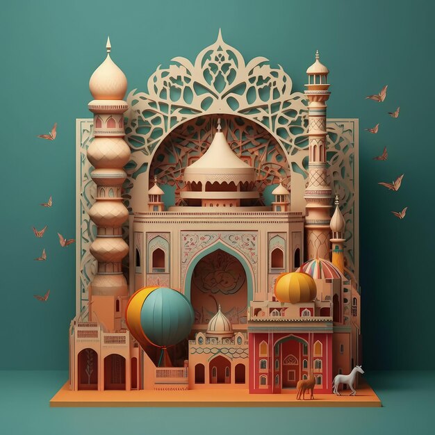 Moschea in carta Illustrazione minimalista 3D artigianale per l'arte islamica Ramadan Kareem Illustrazione astratta 3D tagliata su carta