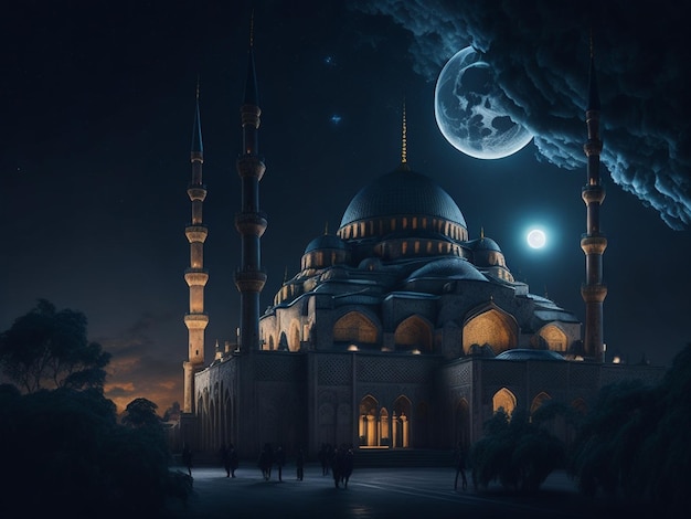 Moschea in città di notte con la luna piena