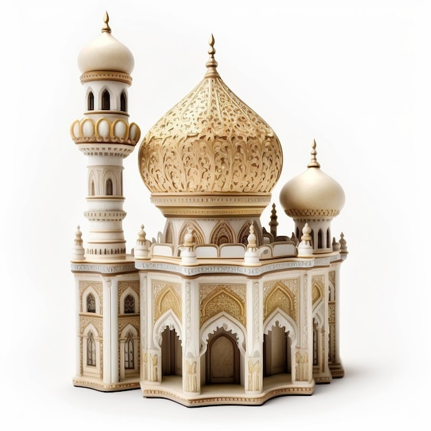 moschea in miniatura e decorazioni ornate isolate su sfondo bianco creativo ai