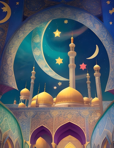 Moschea islamica arte colori vivaci stelle lune crescenti