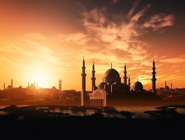 Moschea islamica drammatica scena del tramonto dipinto di una moschea con il sole che tramonta dietro di essa