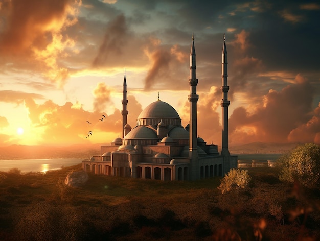 Moschea islamica drammatica scena del tramonto moschea in un campo di erba e un lago