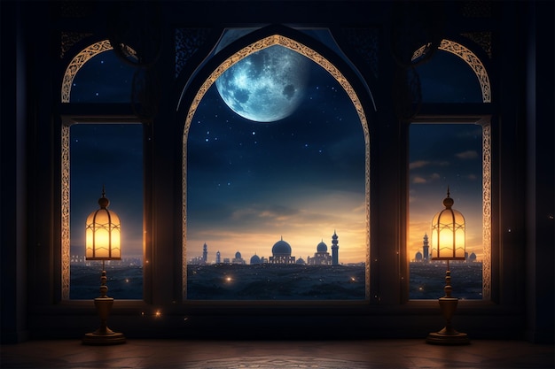 moschea islamica lanterna finestra a mezzaluna ramadan kareem
