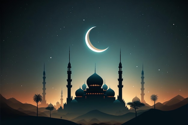 Moschea islamica Ramadan kareem con luna, saluto Eid mubarak con tecnologia ai generativa