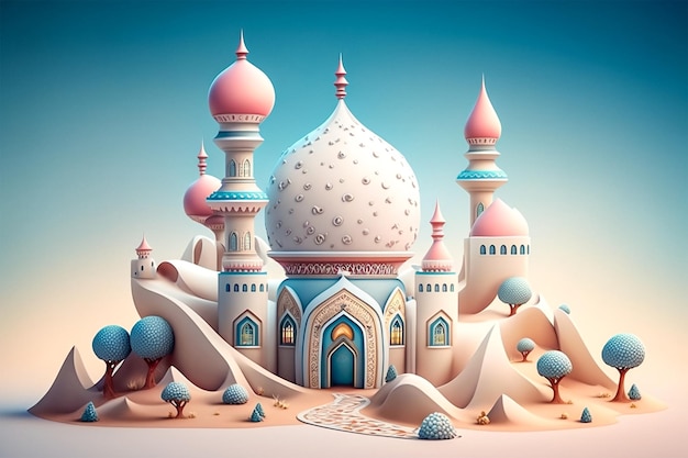 Moschea islamica saluti 3d Eid al adha mubarak social media post 3d stile generativo ai