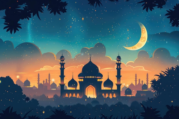 Moschea musulmana araba sotto il cielo stellato notturno e la luna con minareti fede namaz ramadan