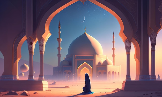 Moschea nella silhouette mattutina di un uomo che prega nel ramadan delle vacanze del tempio islamico della mecca