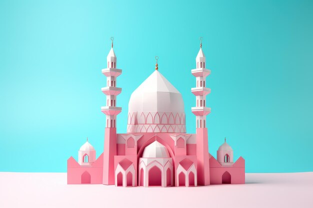 Moschea origami rosa su sfondo blu concetto di Eid Mubarak Ramadan Kareem