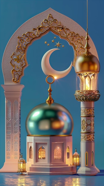 moschea ornata con mezzaluna e stelle sul blu Ramadan e concetto di architettura islamica