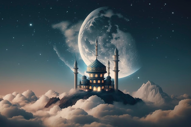 moschea sopra le nuvole con il cielo e la luna come sfondo, ai creativa