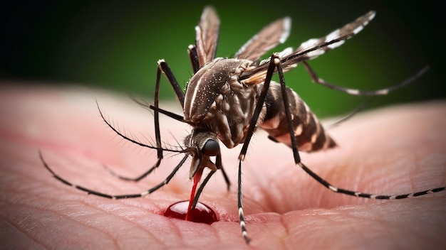 Mosquito da vicino che succhia il sangue dalla pelle umana