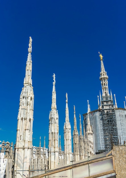 Mostra a statue di marmo bianco sul tetto del famoso Duomo di Milano in Italia