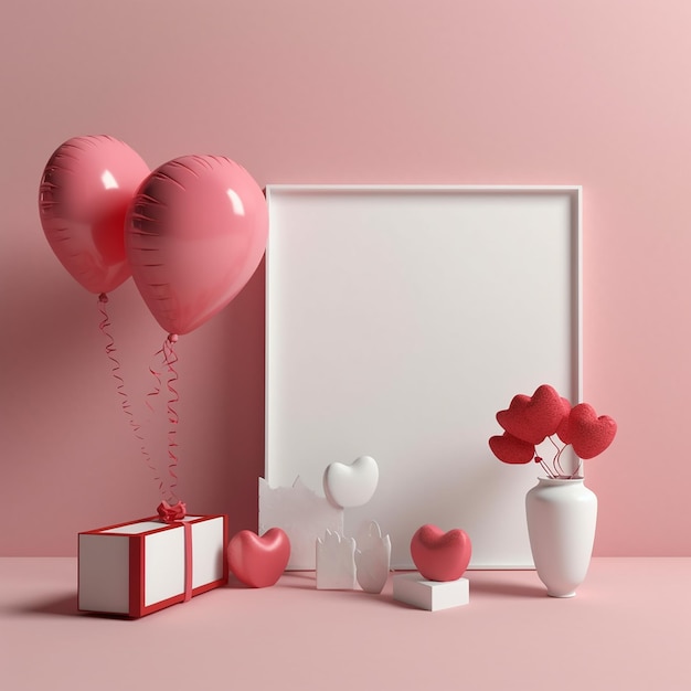 Mostra a tema d'amore minimalista con palloncini a forma di cuore, regali e cornice bianca su sfondo rosa