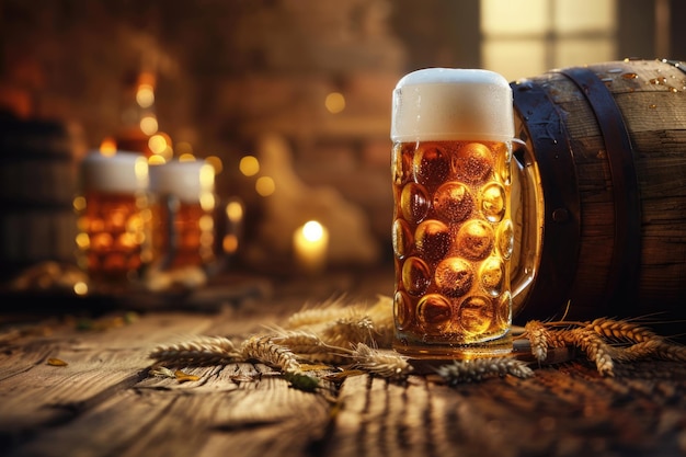 Mostra di birra dell'Oktoberfest con bicchieri di barile di grano e luppolo