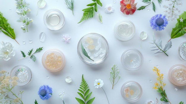 Mostra di prodotti botanici per la cura della pelle con ingredienti naturali