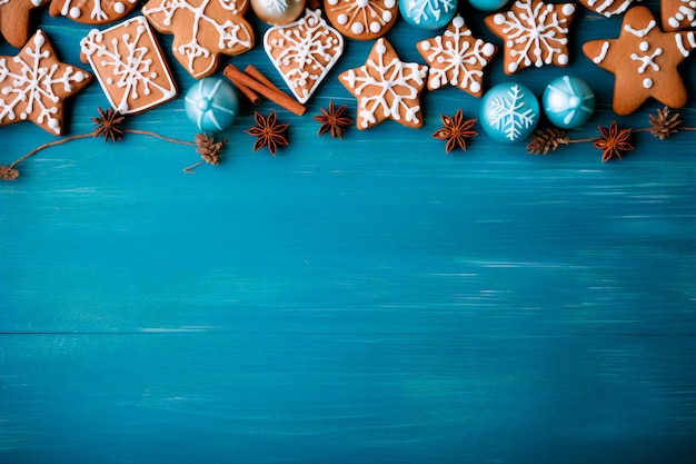 Mostra di vacanze di biscotti di pan di zenzero su uno sfondo di legno blu ensemble affascinante