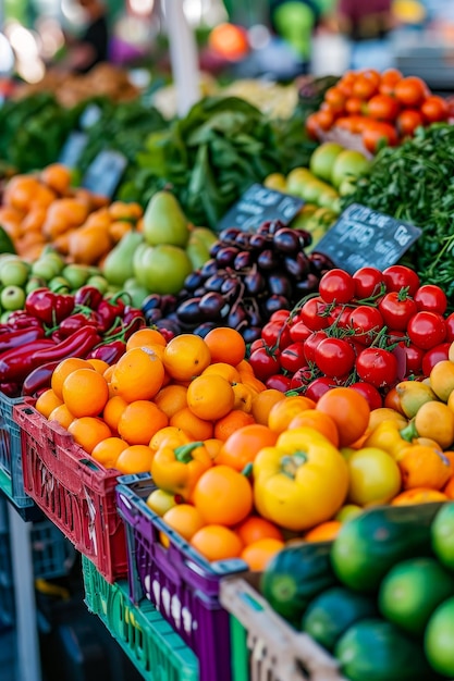 Mostra di varie verdure tra cui pomodori, peperoncini e arance AI generativa