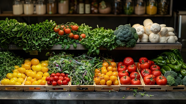 Mostra di verdure fresche in un negozio di alimentari AI generativa