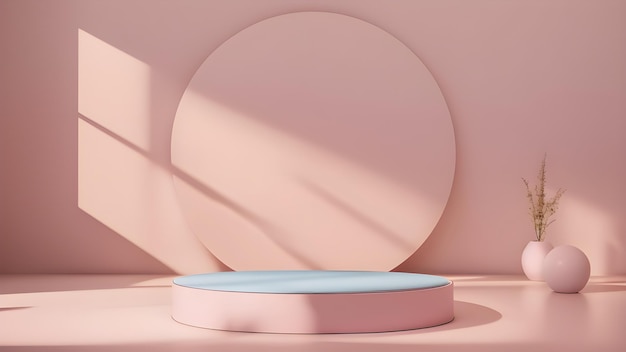 Mostra i prodotti scena moderna astratta con piattaforma podio 3d geometrica sfondo rosa pastello rendering 3d con supporto podio per prodotti cosmetici Vetrina scenica su piedistallo studio AI generativa