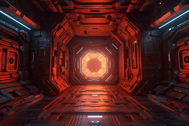 Mostra il corridoio di un'astronave con uno sfondo di un vivido arancione brillante