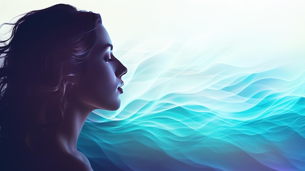 Mostra il profilo di una figura umana in mezzo a onde d'arte fluide blu che trasmettono un senso di tranquillità fresca