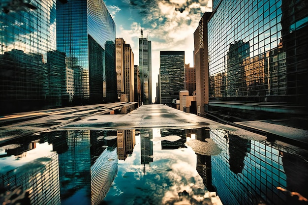 Mostra l'interazione tra i grattacieli riflettenti e il cielo, concentrandoti su come gli edifici rispecchiano l'ambiente circostante