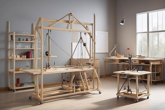 Mostra un laboratorio di fisica con pulegge di piani inclinati e altri apparecchi di fisica classica