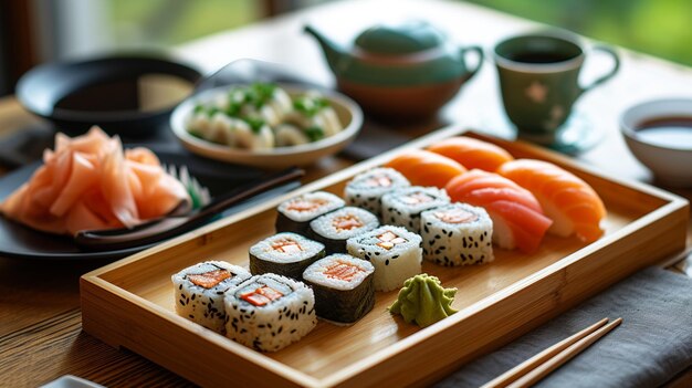 Mostra un set completo di sushi, tra cui sushi su un vassoio di legno, salsa di soia in un piccolo piatto, bacchette di wasabi allo zenzero in salamoia e una tazza di tè verde, creando una scena di esperienza culinaria completa