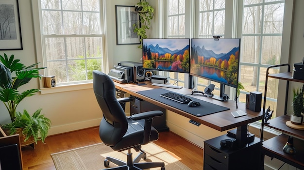 Mostra una configurazione organizzata dell'ufficio a casa con una scrivania in piedi