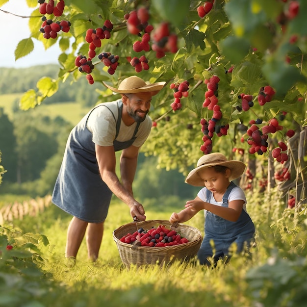 Mostra una famiglia che raccoglie bacche in una fattoria locale con i bambini che cercano frutta matura e i genitori che