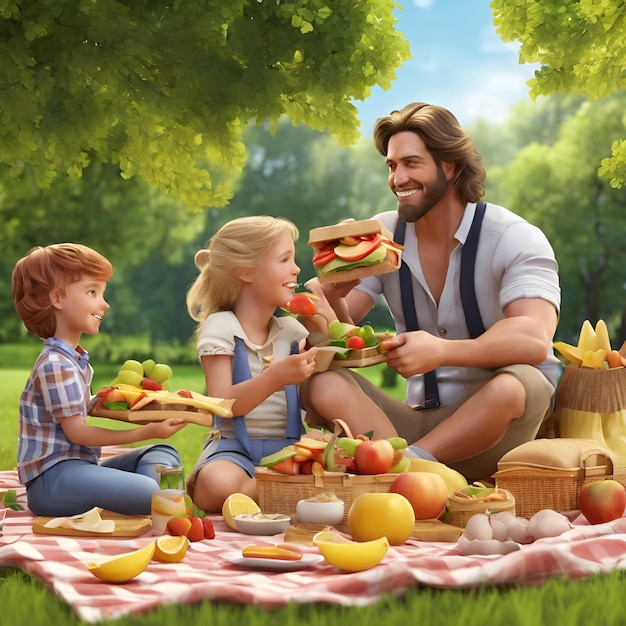 Mostra una famiglia che si diverte a fare un picnic nel parco con panini di frutta e risate che riempiono l'aria