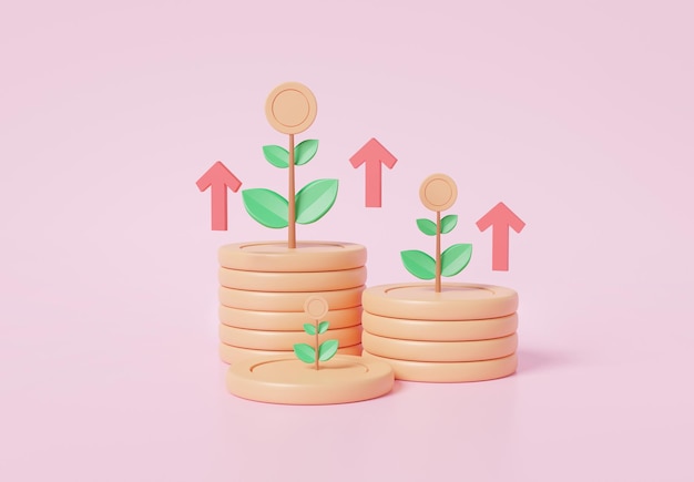 Mostrando pile di monete finanziarie che crescono investimenti con l'albero sul denaro fondo di bilancio interesse finanza successo concetto di sviluppo aziendale su sfondo rosa Cartoon minimo rendering 3d