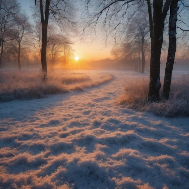 mostrando un sentiero che si snoda attraverso una distesa innevata circondata da alberi